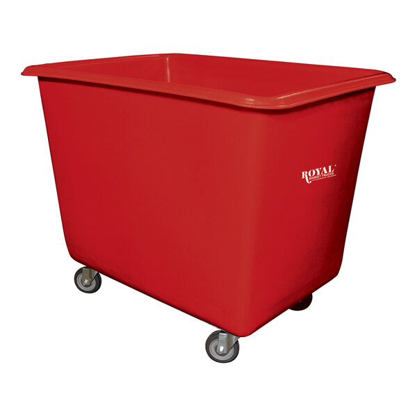 A red plastic container with wheels.