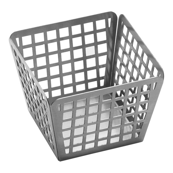 An American Metalcraft stainless steel fry basket server with a grid pattern on the bottom.