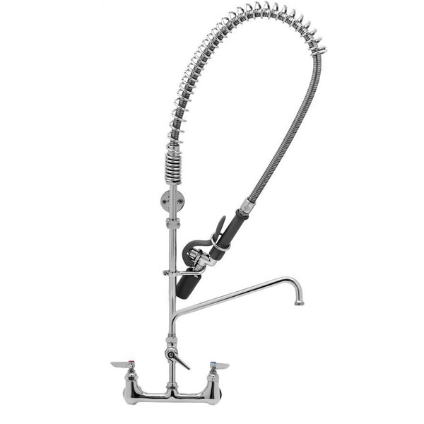 A chrome T&S pre-rinse faucet with a hose attached.