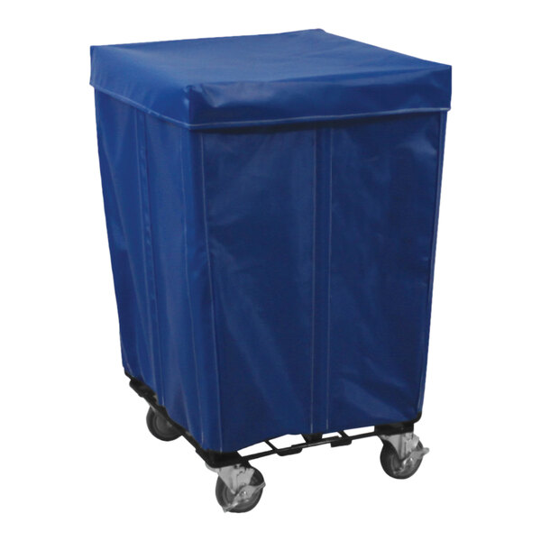 A blue vinyl Royal Basket Trucks collection cart with wheels and a cover.