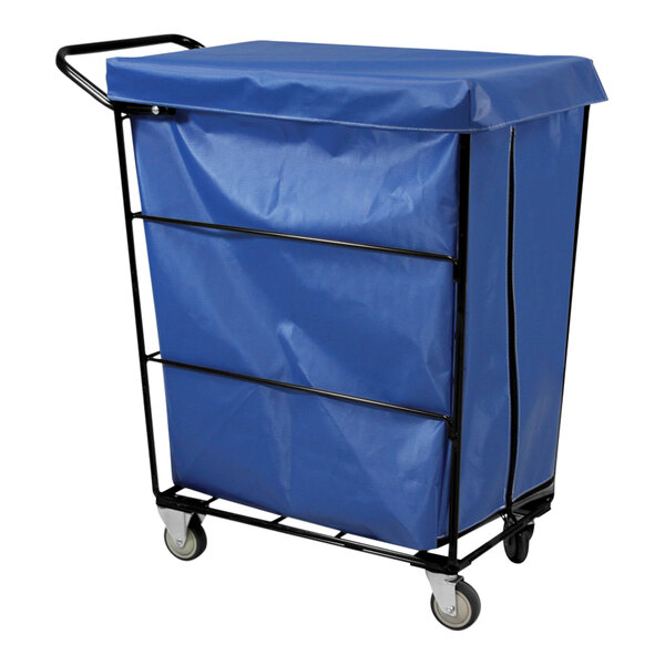 A blue Royal Basket Trucks collection cart with 4 swivel casters.