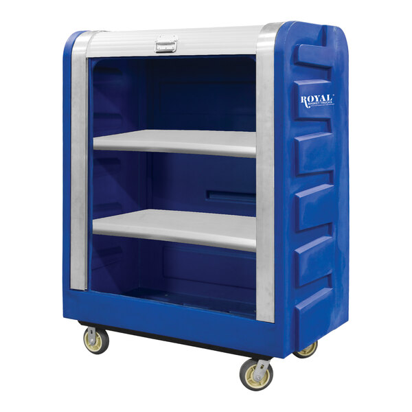 A blue and silver Royal Basket Trucks bulk storage cart with shelves on wheels.