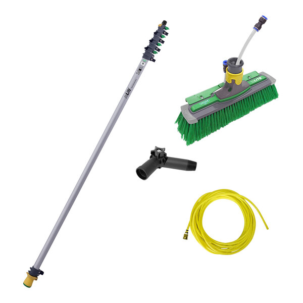 An Unger nLite HiFlo Gen 1 window cleaning kit with aluminum pole, hose, and brush.