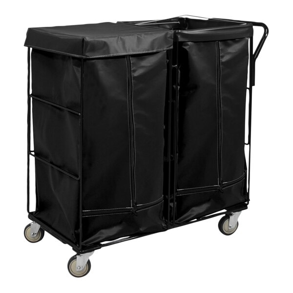 A black Royal Basket Trucks collection cart with two compartments on wheels.