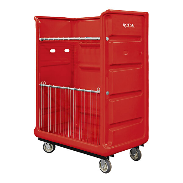 A red Royal Basket Trucks turnabout cart with wire racks on wheels.
