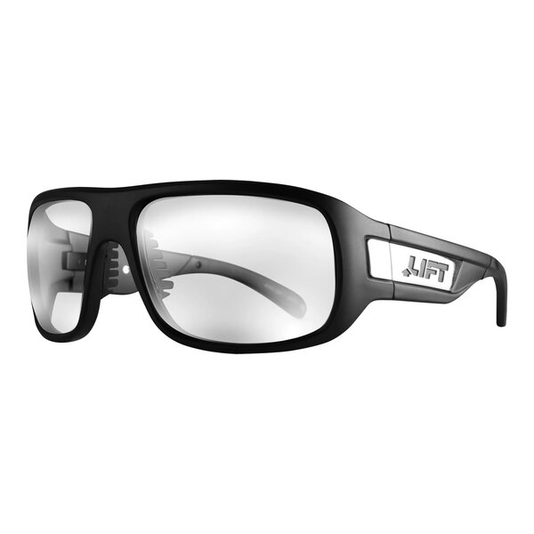 A pair of Lift Safety black matte safety glasses with clear lenses.