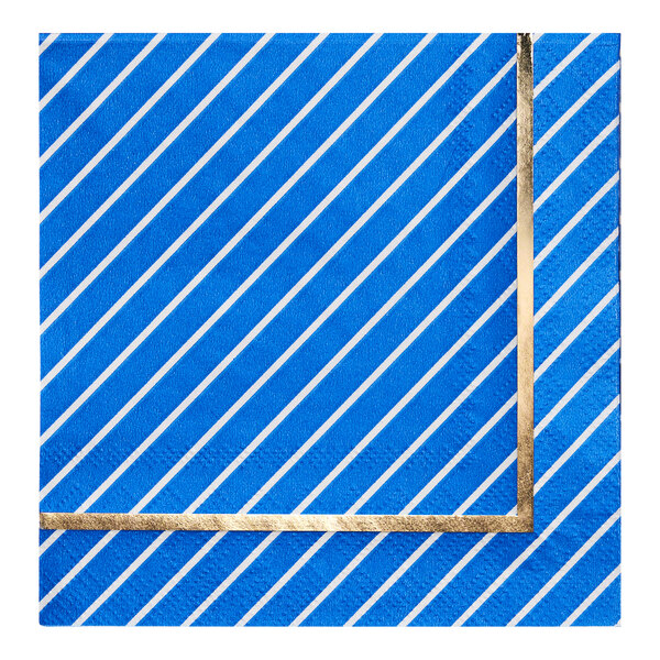 A blue and white striped Sophistiplate paper cocktail napkin.