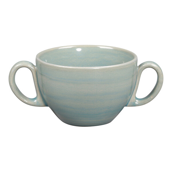 A white porcelain bouillon cup with handles and a sapphire blue spot.