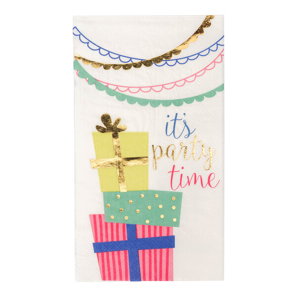 A white Sophistiplate paper guest towel with birthday presents on it.