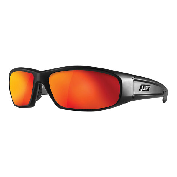 Lift Safety Switch Safety Glasses with matte black frames and red mirrored lenses.