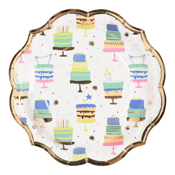 A Sophistiplate paper salad plate with a pattern of colorful cakes.