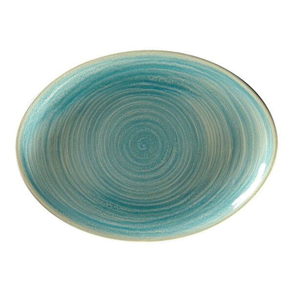 A white porcelain oval platter with a blue spiral design.