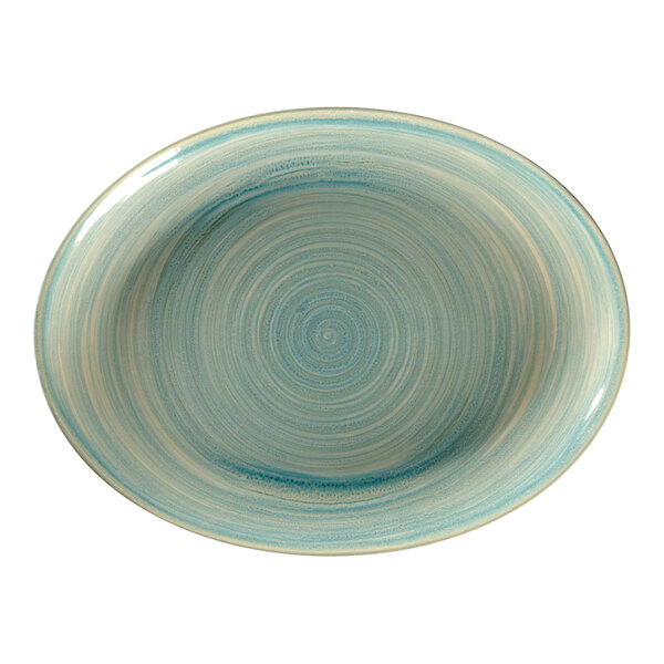 A RAK Porcelain oval platter with a blue and white swirl design.