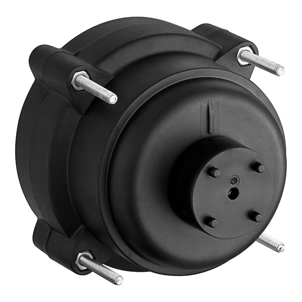 A black round Avantco evaporator fan motor with screws.