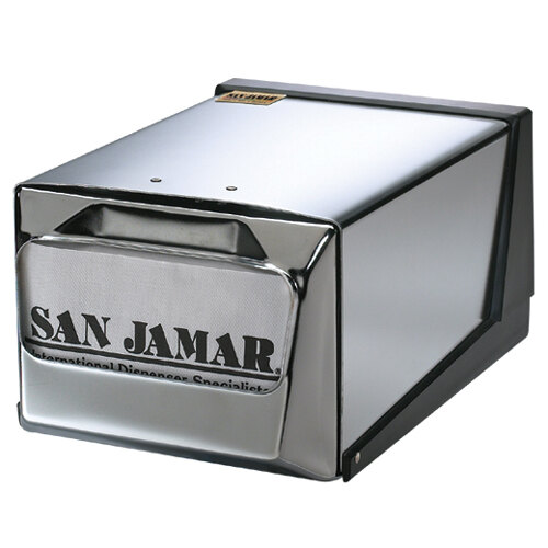 A San Jamar chrome countertop napkin dispenser with a silver and black box.