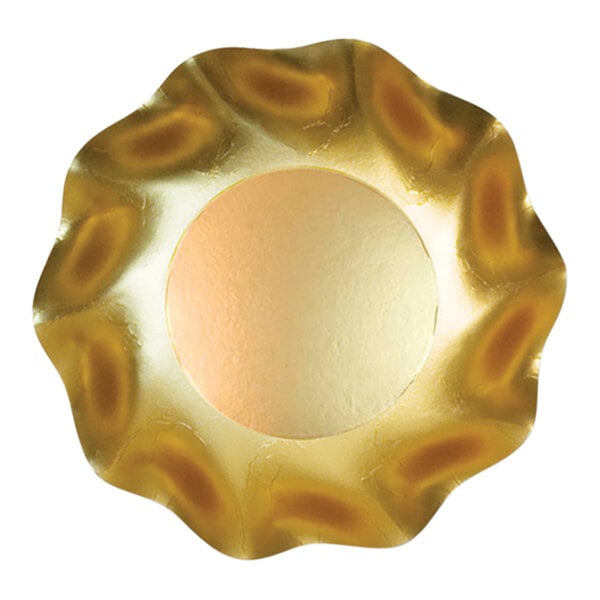 A Sophistiplate satin gold paper bowl with a wavy design and round center.