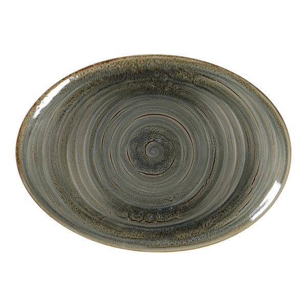 A peridot porcelain oval platter with a grey spiral design.