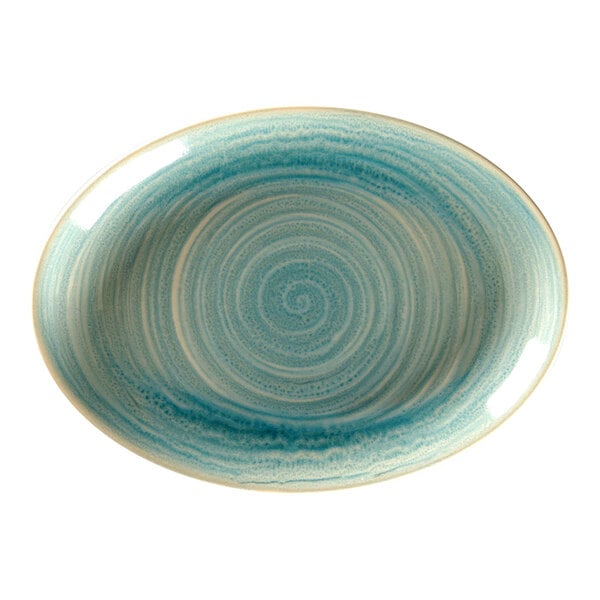 A white porcelain oval platter with a blue and white swirl design.