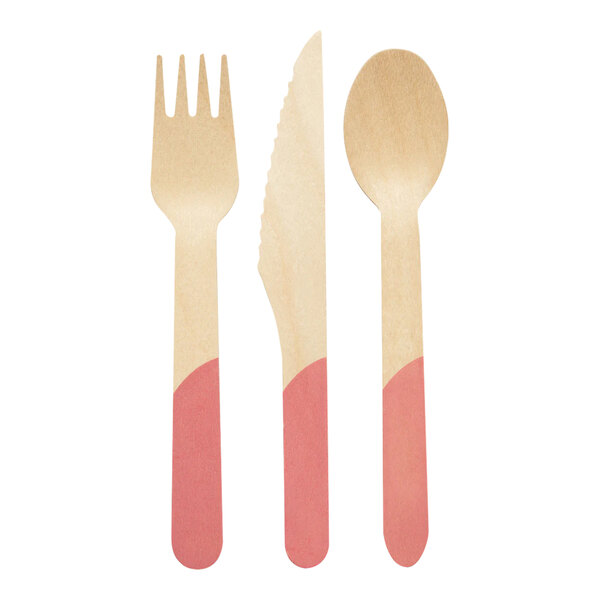 A pink and red wooden Sophistiplate ECO birchwood spoon and fork set.