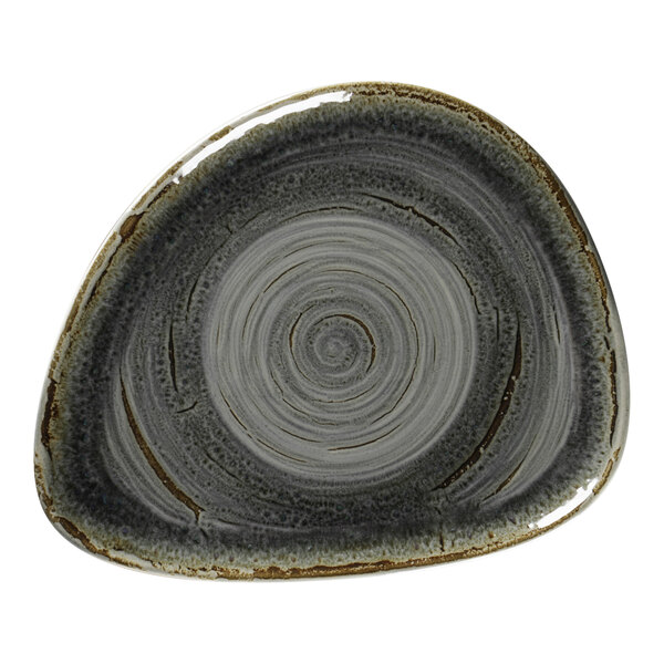 A grey and black RAK Porcelain plate with a spiral pattern.