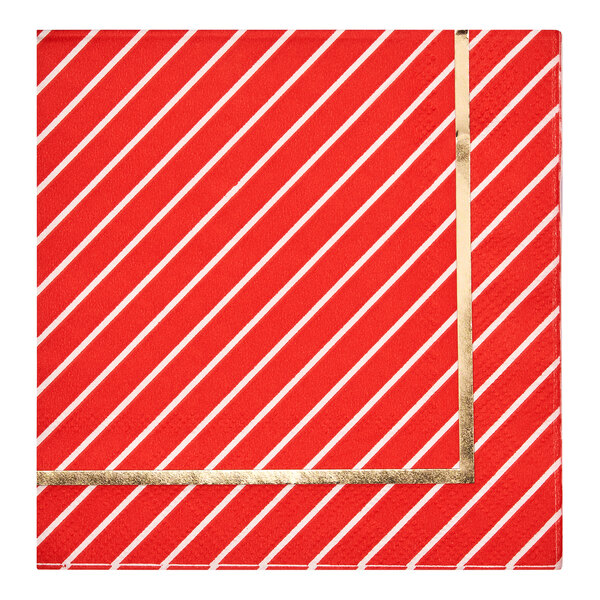 A red and white striped Sophistiplate paper cocktail napkin with gold trim.