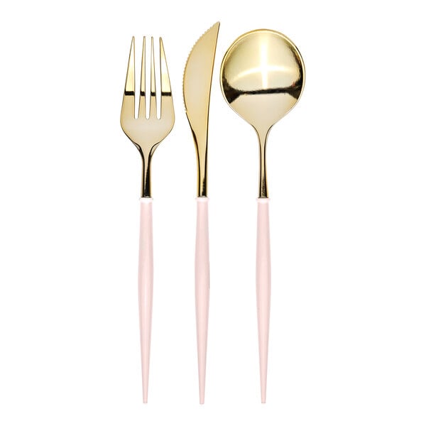 Sophistiplate Bella Gold and Blush plastic cutlery, including forks, knives, and spoons with gold and pink accents.