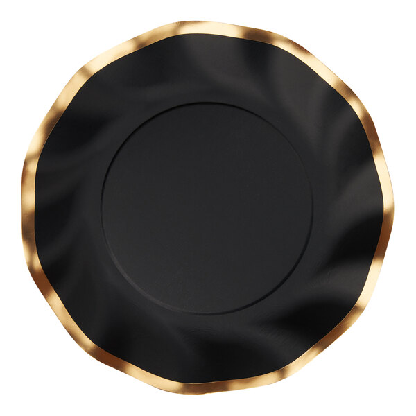 A close up of a Sophistiplate black wavy paper salad plate with a gold rim.