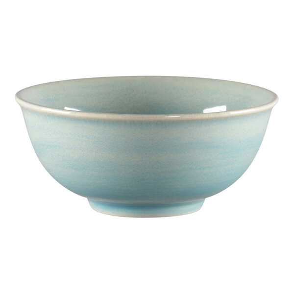 A close-up of a RAK Porcelain bowl with a blue and white design.