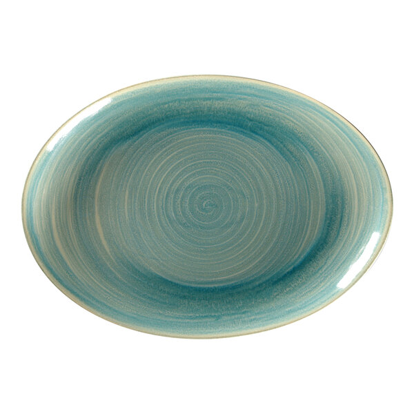 A close-up of a RAK Porcelain sapphire blue oval platter with a spiral pattern.