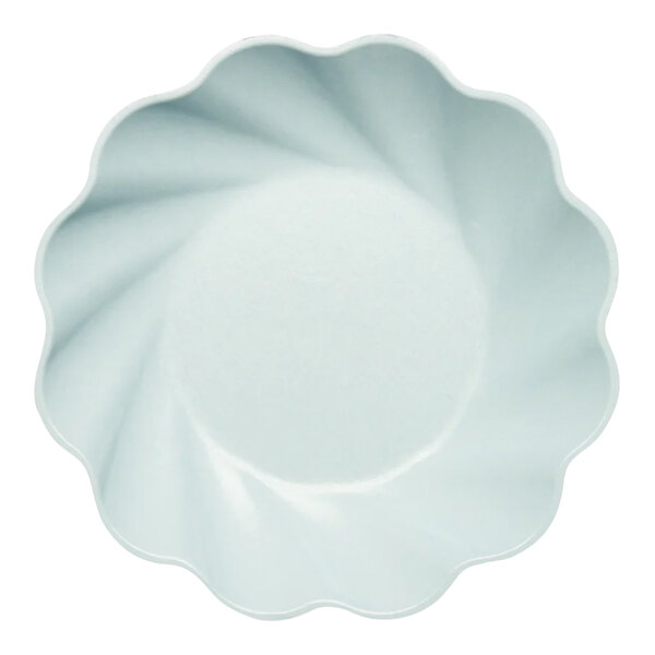 A sky blue Sophistiplate plant fiber salad plate with a scalloped edge.
