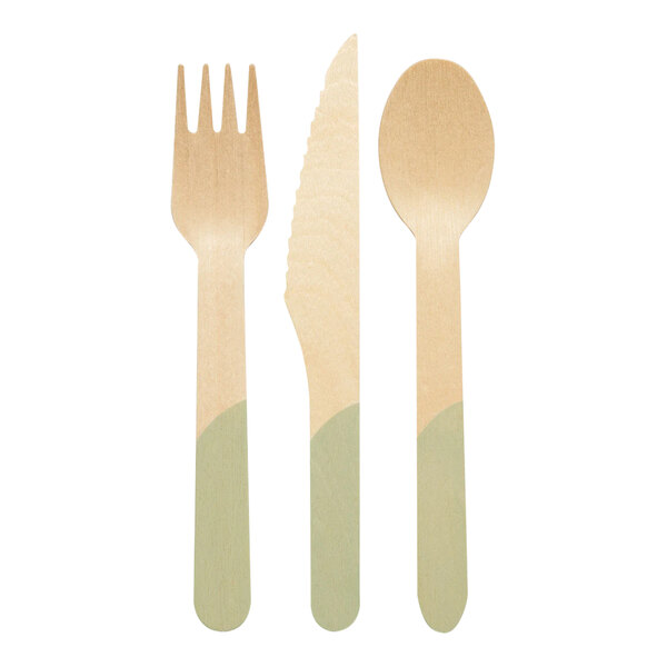 Sophistiplate birchwood fork and spoon set with sage green handles.
