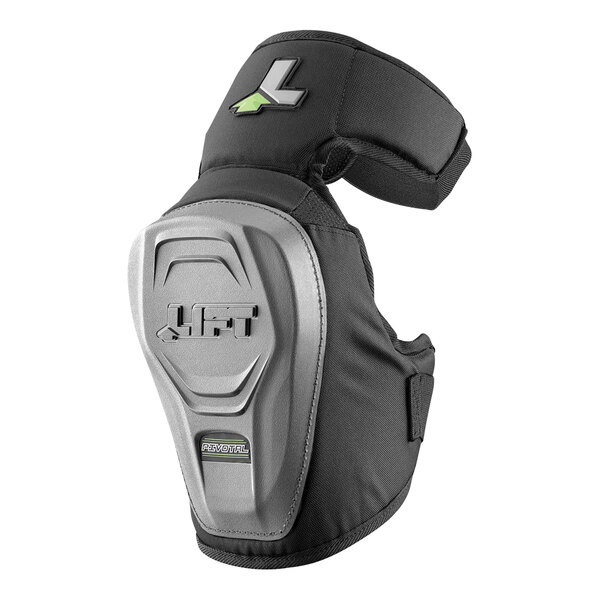 A black knee pad with a grey insert and green Lift Safety logo.