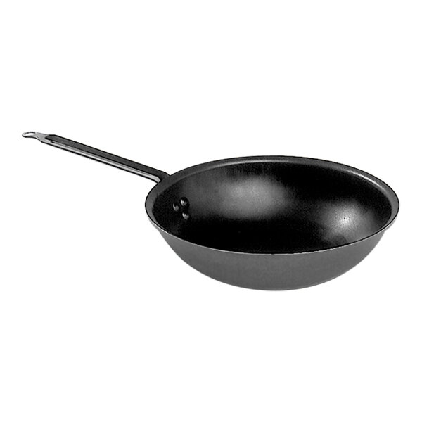 A black Matfer Bourgeat stir fry pan with a handle on a white background.