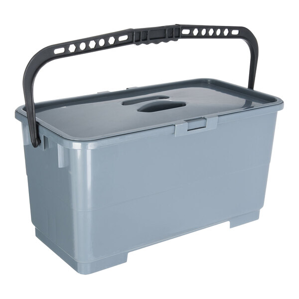 A gray plastic Carlisle rectangular bucket with a black handle.