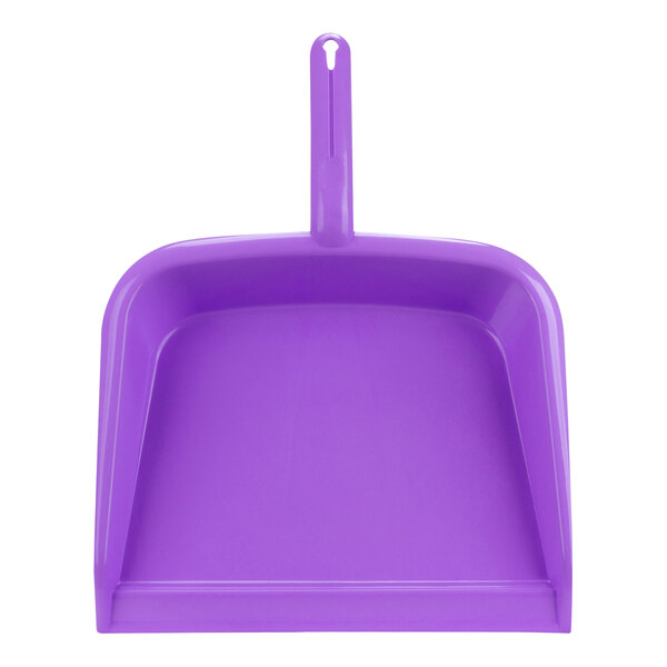 A purple plastic dustpan with a handle.