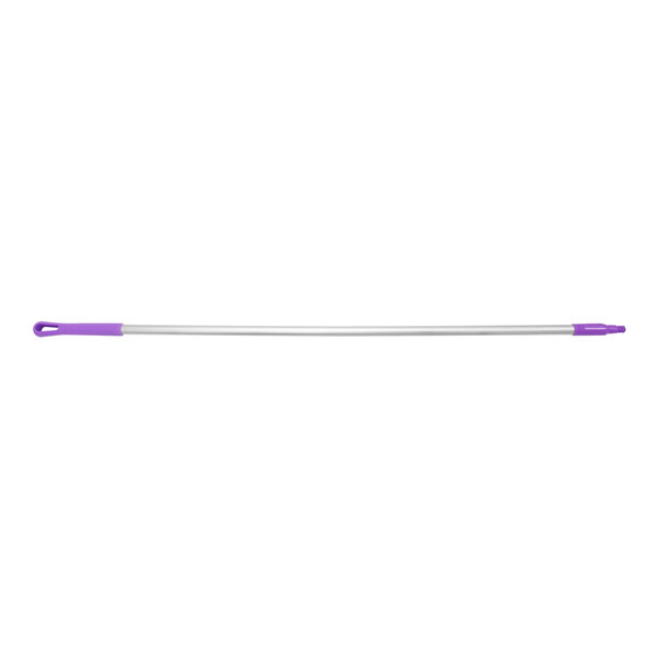 A purple and silver threaded aluminum stick with a handle.