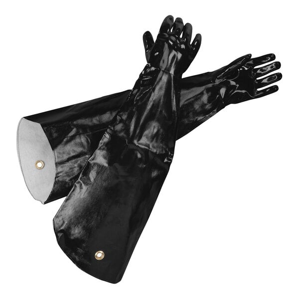 A pair of black San Jamar shoulder-length rubber gloves with a cotton lining.