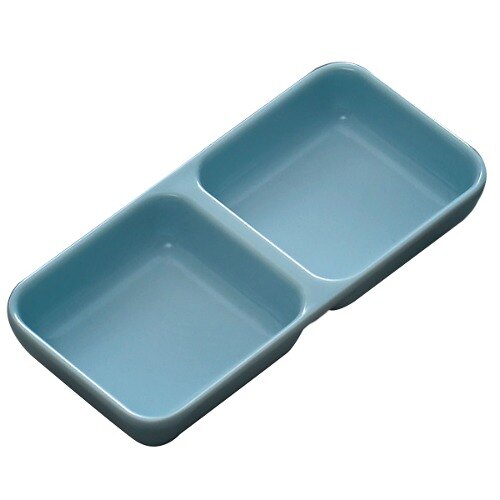 A blue rectangular Thunder Group melamine sauce dish with two compartments.