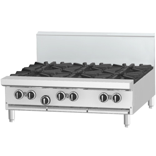 A stainless steel Garland countertop gas range with six burners and black knobs.