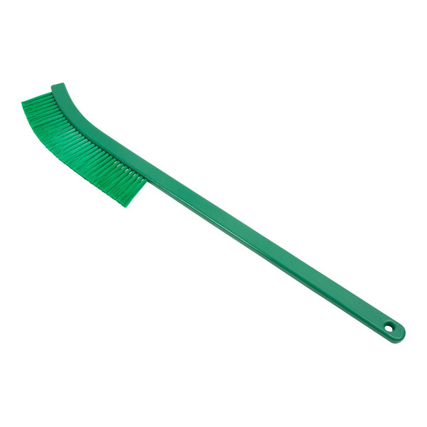 A green brush with a long handle.