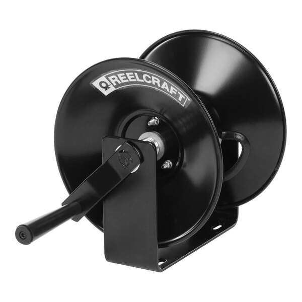 A black Reelcraft hand crank hose reel with a handle.