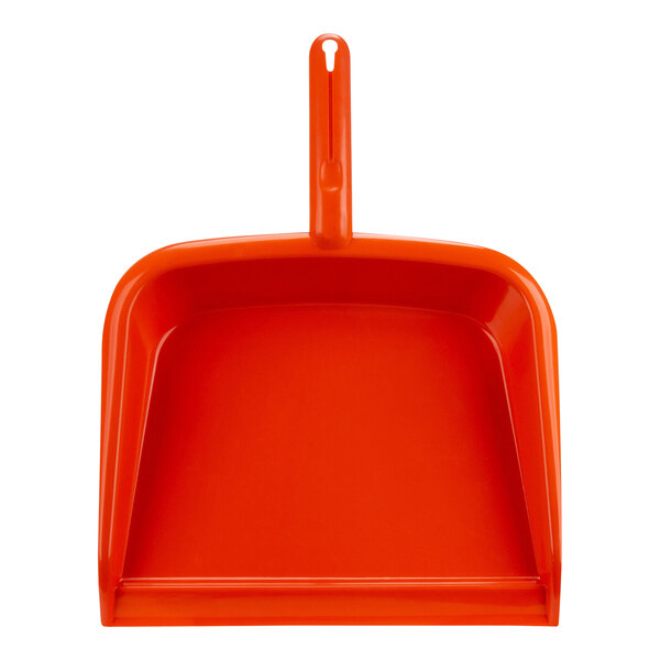 A close up of a orange plastic dust pan with a handle.