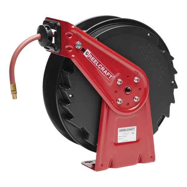A red and black Reelcraft Series RT medium-duty hose reel with a hose attached.