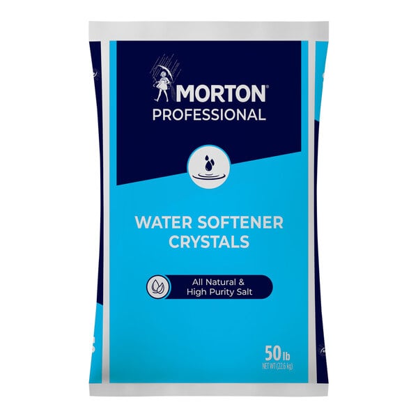 A blue and white bag of Morton Pure and Natural water softener crystals.