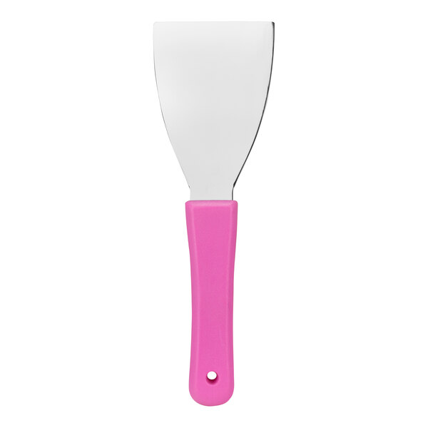 A pink steel handheld scraper with a white background.