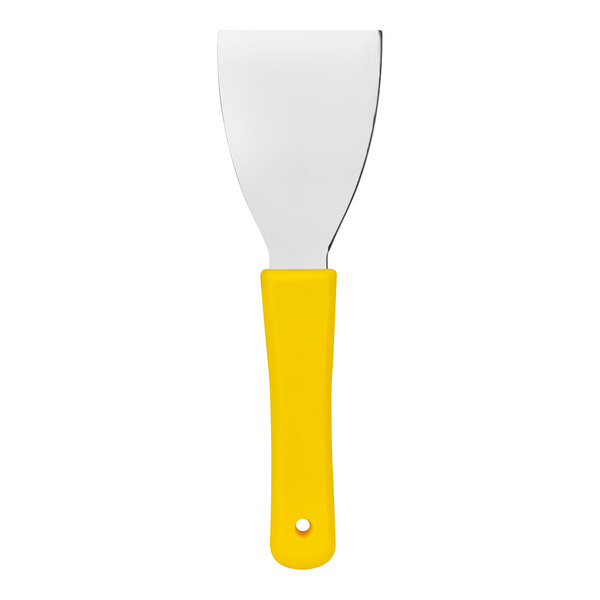A yellow and white Carlisle Sparta handheld scraper with a yellow lid.