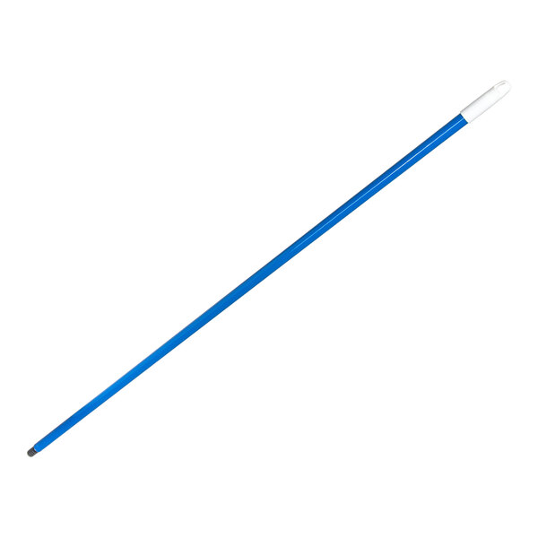 A blue and white Carlisle threaded metal broom handle.