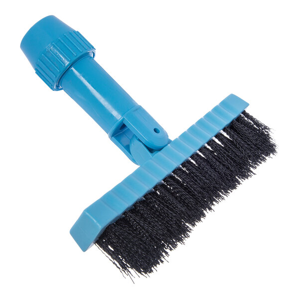 A blue Carlisle Flo-Pac swivel grout brush head with black bristles.