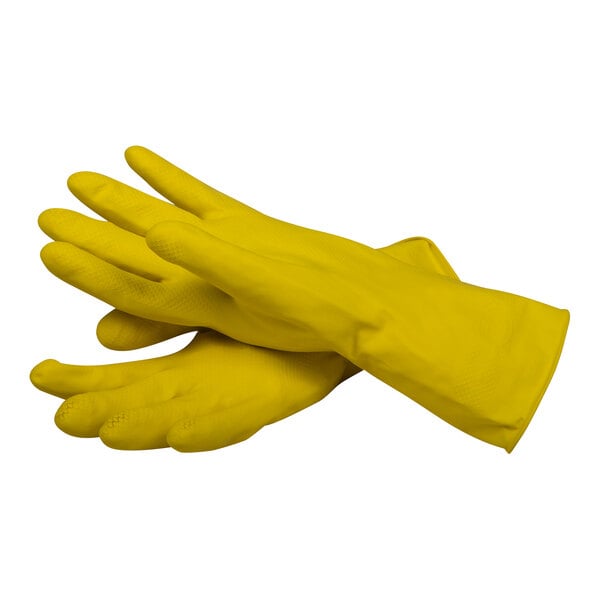 A pair of yellow San Jamar latex rubber gloves.
