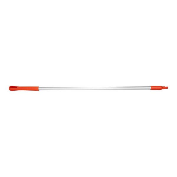 An orange and white Carlisle threaded aluminum broom/squeegee handle.